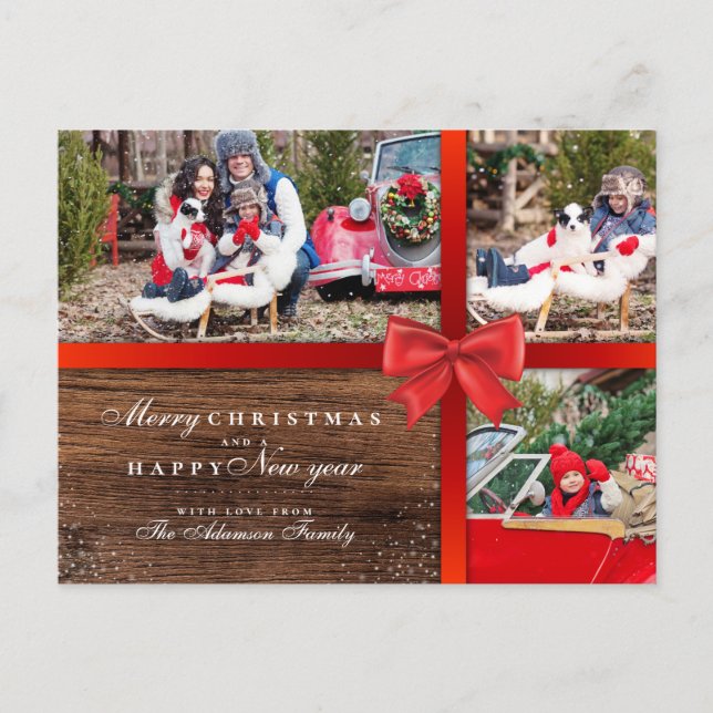 Rustikales Holz und Weihnachtswrapping | 3 FotoCol Postkarte (Vorderseite)