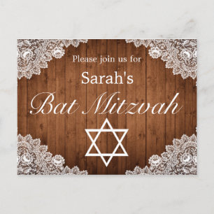 Rustikales Holz und weiße Spitzen Bar Bat Mitzvah Ankündigungspostkarte