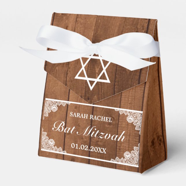 Rustikales Holz und weiße Spitzen Bar Bat Mitzvah Geschenkschachtel (Vorderseite)