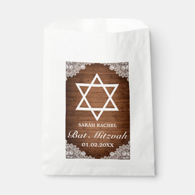 Rustikales Holz und weiße Spitzen Bar Bat Mitzvah Geschenktütchen (Vorderseite)