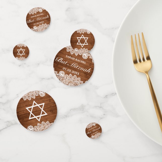 Rustikales Holz und weiße Spitzen Bar Bat Mitzvah Konfetti (Gruppe)