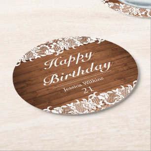 Rustikales Holz und weiße Spitzen glücklich zum Ge Runder Pappuntersetzer