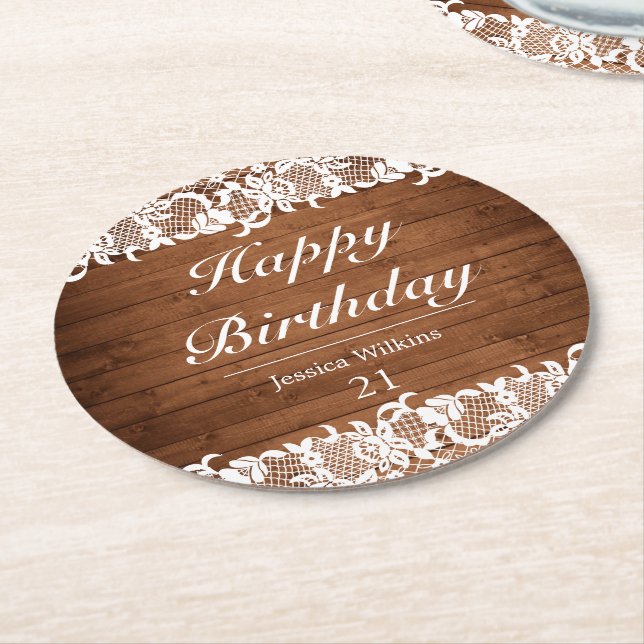 Rustikales Holz und weiße Spitzen glücklich zum Ge Runder Pappuntersetzer (Angewinkelt)