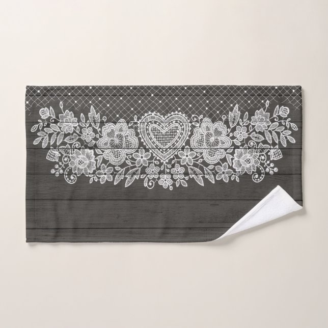 Rustikales Holz und Weiße Spitzen Lacy Bauernhof Badhandtuch Set (Handtuch)