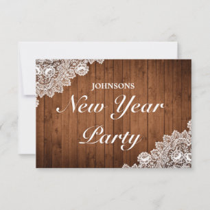 Rustikales Holz und weiße Spitzen Neujahr Party RSVP Karte