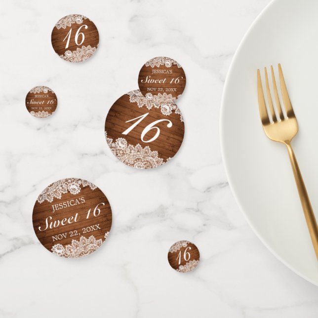Rustikales Holz und weiße Spitzen Sweet 16 Geburts Konfetti (Gruppe)