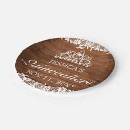 Rustikales Holz und weiße Spitzen Tiara Quinceañer Pappteller