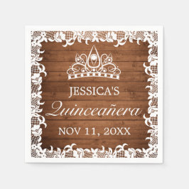 Rustikales Holz und weiße Spitzen Tiara Quinceañer Serviette