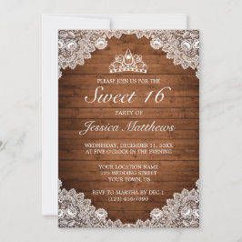 Rustikales Holz und weiße Spitzen Tiara Sweet 16 Einladung