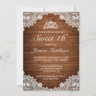 Rustikales Holz und weiße Spitzen Tiara Sweet 16 Einladung