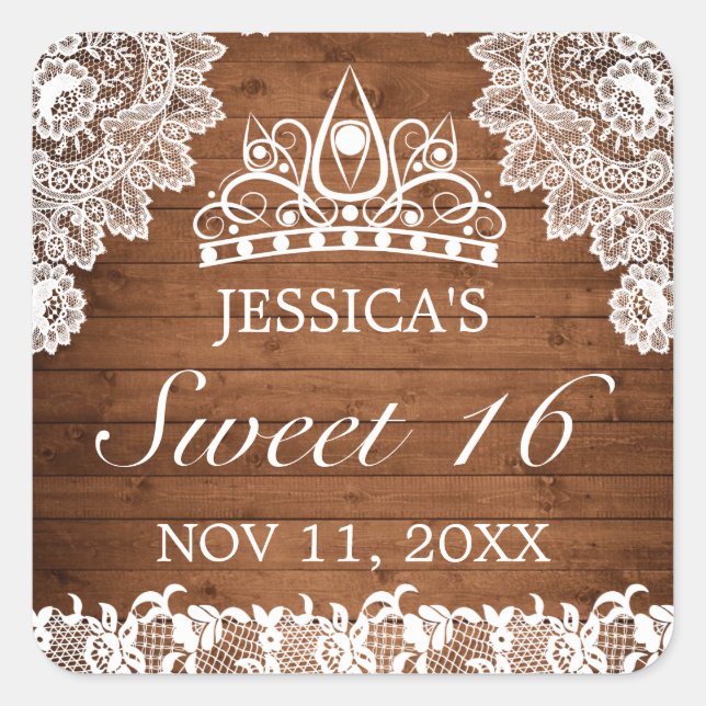 Rustikales Holz und weiße Spitzen Tiara Sweet 16 Quadratischer Aufkleber (Vorderseite)