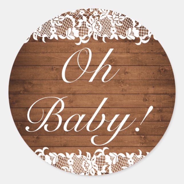 Rustikales Holz und weißes Spitzen OH BABY Runder Aufkleber (Vorderseite)