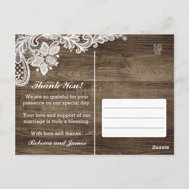 Rustikales Holz & Vintage Hochzeit Vielen Dank Postkarte (Rückseite)