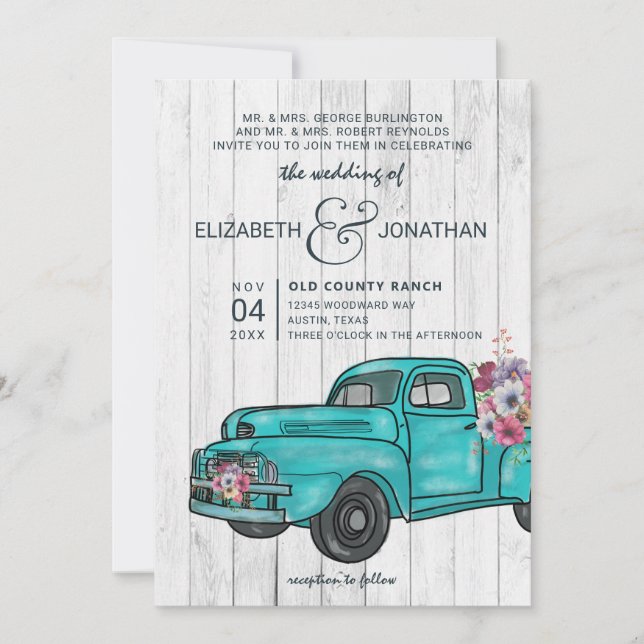 Rustikales Holz Vintager Aquamariner LKW Boho Wedd Einladung (Vorderseite)