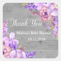 Rustikales Holz violette Blumen Kinderdusche Danke