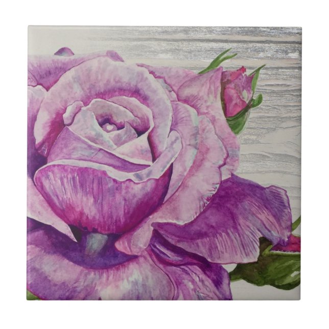 Rustikales Holz Wasserfarbe Lila Rose Fliese (Vorderseite)