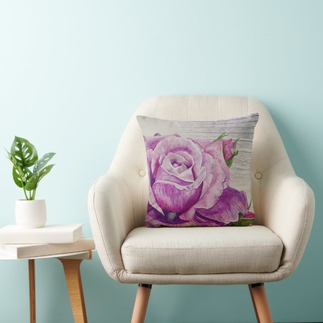 Rustikales Holz Wasserfarbe Lila Rose Kissen (Stuhl )