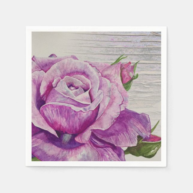 Rustikales Holz Wasserfarbe Lila Rose Serviette (Vorderseite)