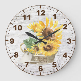 Rustikales Holz Wasserfarbene Gelbe Sonnenblumen Große Wanduhr