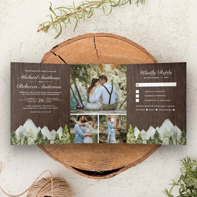 Rustikales Holz Wasserfarbene Pinienbäume Hochzeit Dreifach Gefaltete Einladung (Von Creator hochgeladen)