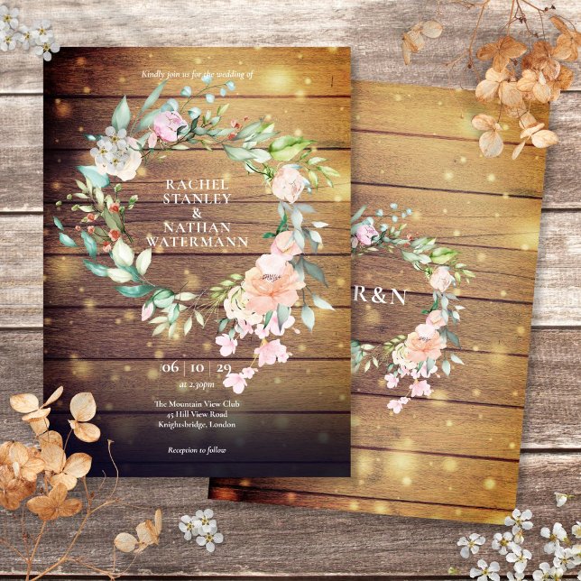 Rustikales Holz Wasserfarbengrün Blumenzwiebeln Einladung (Rustic Wood Watercolor Greenery Floral Wedding Invitation)