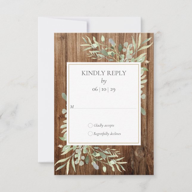 Rustikales Holz Watercolor Greenerity Wedding RSVP (Vorderseite)