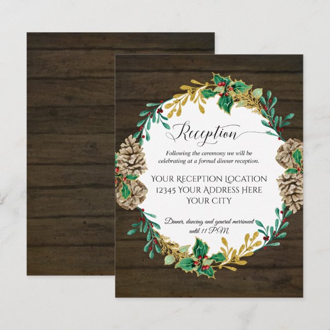 Rustikales Holz Weihnachtsgrün Hochzeitsempfang Einladung (Vorne/Hinten)