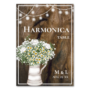Rustikales Holz Weiße Blume Lichter Harmonica Hoch Tischnummer