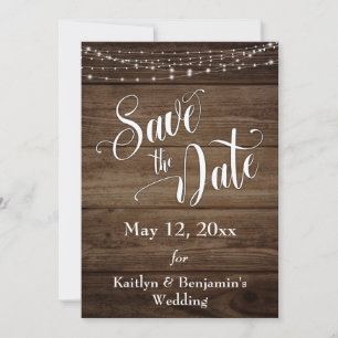 Rustikales Holz, Weiße Leuchten und Schrift, Save  Save The Date