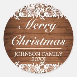 Rustikales Holz & weiße Spitzen Frohe Weihnachten Runder Aufkleber