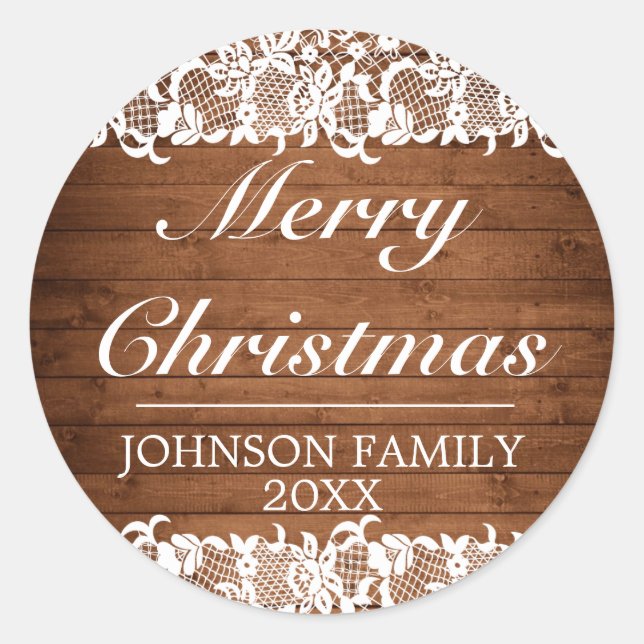 Rustikales Holz & weiße Spitzen Frohe Weihnachten Runder Aufkleber (Vorderseite)