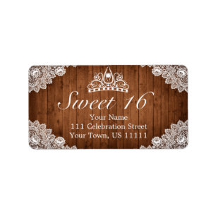 Rustikales Holz & White Lace Tiara Sweet 16 Adress Adressaufkleber