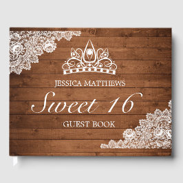 Rustikales Holz & White Lace Tiara Sweet 16 Geburt Gästebuch