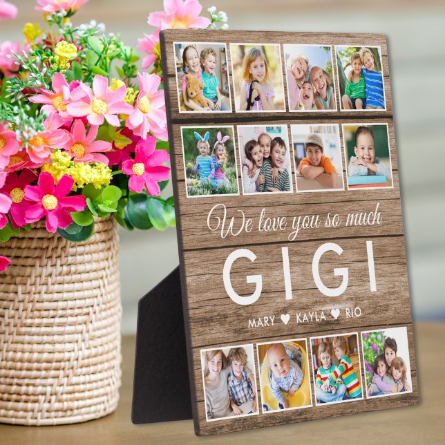 Rustikales Holz Wir Liebe Sie Gigi 12 Foto Collage Fotoplatte (Rustic Wood We Love You Gigi 12 Photo Collage Plaque
)