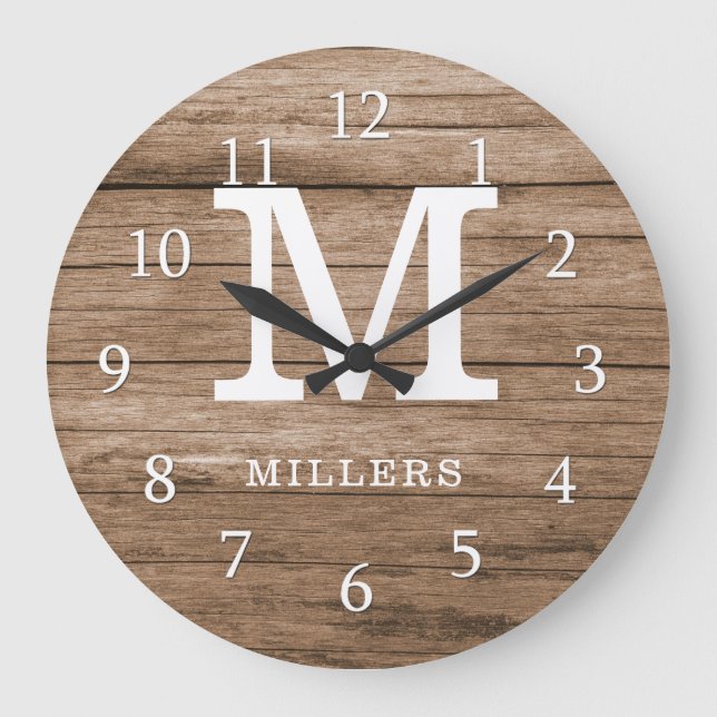 Rustikales Holzbauernhaus-Monogramm Große Wanduhr (Vorderseite)