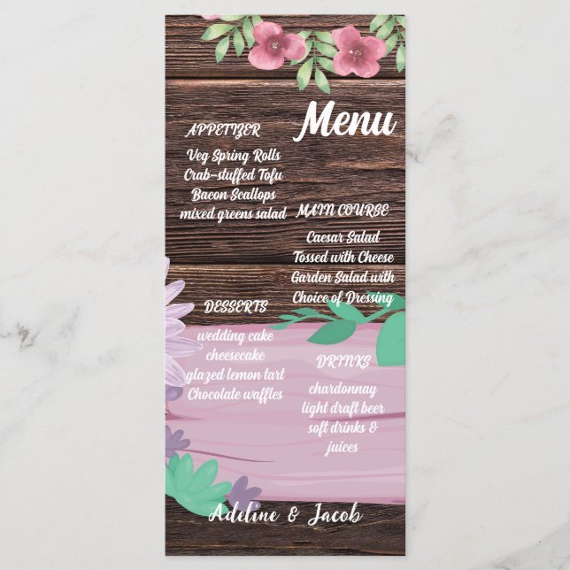 Rustikales Holzblumen-Drehbuch Hochzeitskarte Menükarte (Vorderseite)