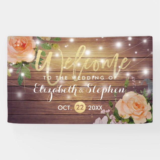 Rustikales Holzblumen-Streichellichter Hochzeitsba Banner (Horizontal)