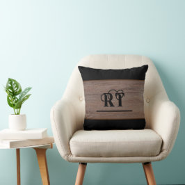 Rustikales Holzbraun und Schwarzes Monogramm Kissen