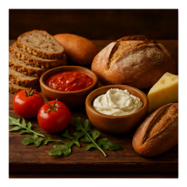 Rustikales Holzbrett mit Kunsthandwerkskäse Poster