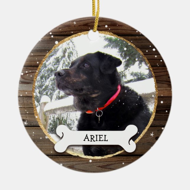Rustikales hölzernes GoldweihnachtshundeFoto Keramik Ornament (Vorne)