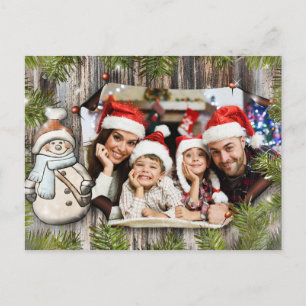 Rustikales hölzernes Snowman-Rahmen-WeihnachtsFoto Postkarte