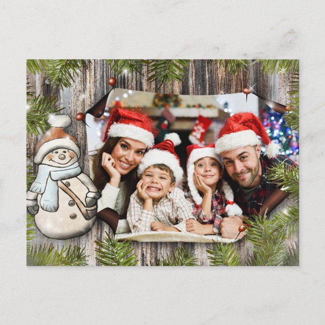 Rustikales hölzernes Snowman-Rahmen-WeihnachtsFoto Postkarte (Vorderseite)