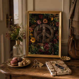 Rustikales Holzes-Friedenszeichen mit Wildblumen Poster