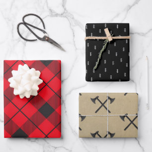 Rustikales Holzfäller-Karo Weihnachtsbaum & Äxte Geschenkpapier Set