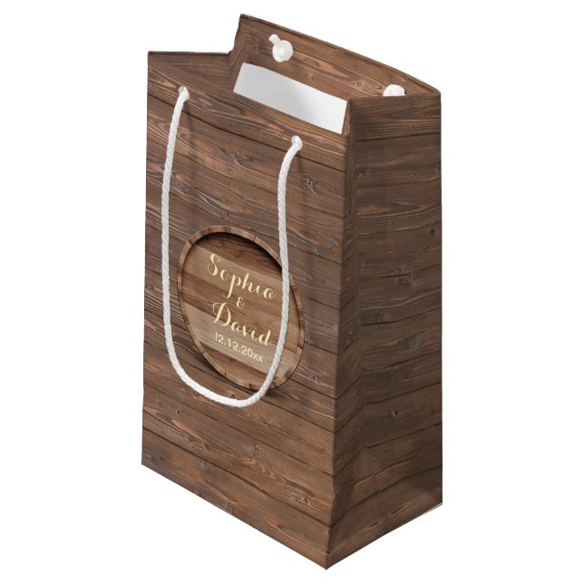 Rustikales Holzfass Hochzeit maßgeschneiderte Lieb Kleine Geschenktüte (Vorderseite Schrägansicht)