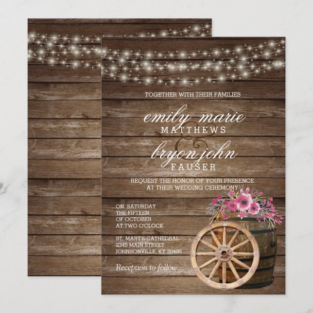 Rustikales Holzfass-Hochzeit mit rosa, floraler Fa Einladung (Vorne/Hinten)