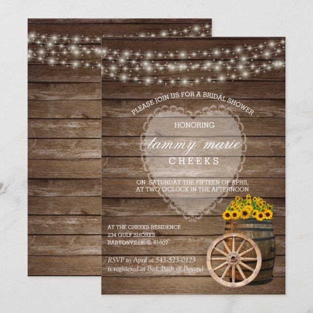 Rustikales Holzfass Hochzeit mit Sonnenblumen Einladung (Vorne/Hinten)