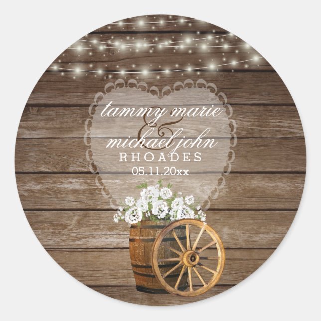 Rustikales Holzfass Hochzeit mit weißen Blume Runder Aufkleber (Vorderseite)
