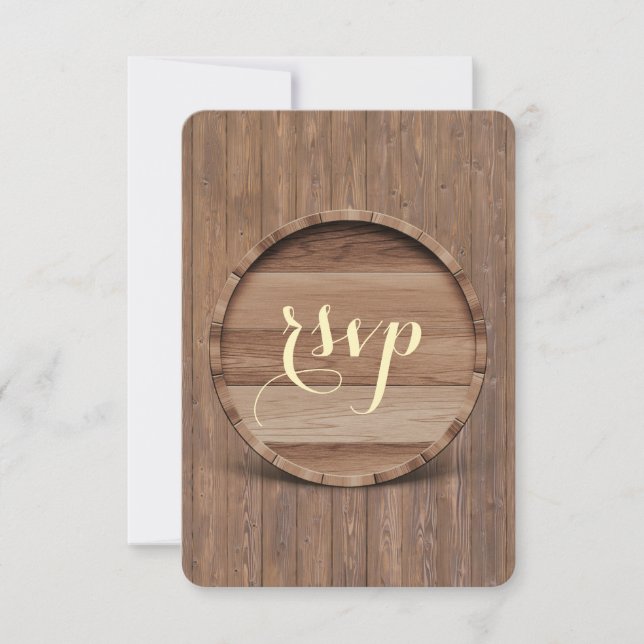 Rustikales Holzfass Hochzeit RSVP Karte (Vorderseite)