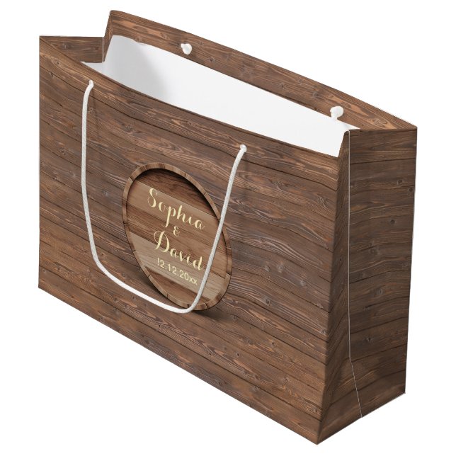 Rustikales Holzfass-Hochzeitskunst Große Geschenktüte (Vorderseite Schrägansicht)